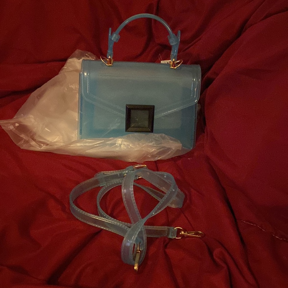 Teal, see through, hand bag with detachable shoulder strap. - Picture 4 of 5